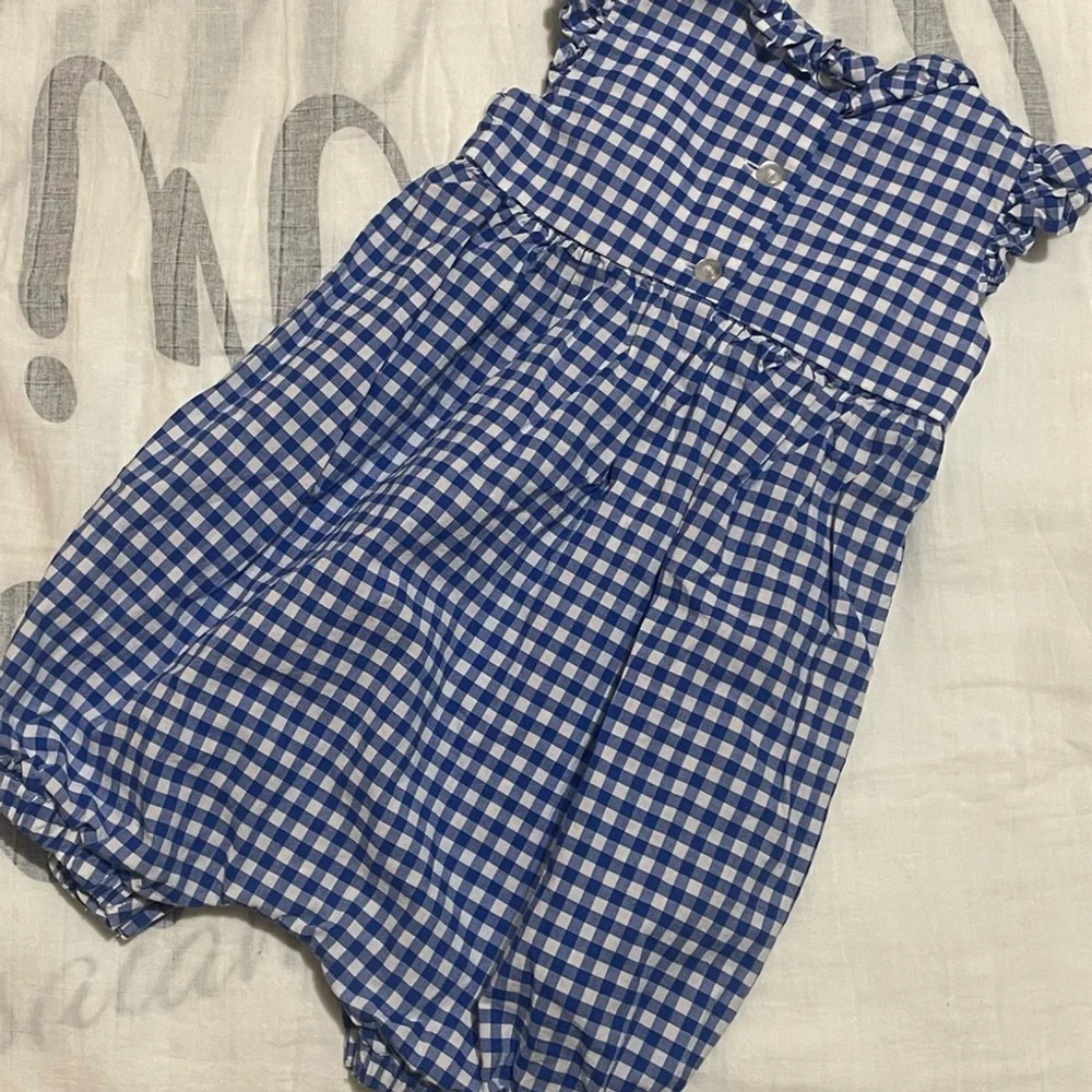 Bonnie Baby Blue Checkered Bodysuit with Floral Embroidery